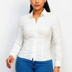 Women Collared Button-Down Solid Blouse/Fashion/Office Blouse/Elegant - White